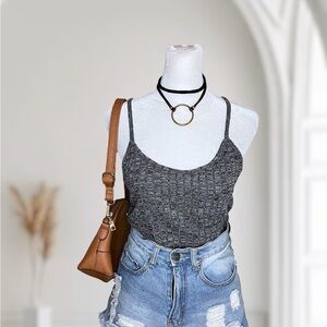 Heathered Dark Grey Ribbed Knit Spaghetti Strap Camisole Tank Top Size M
